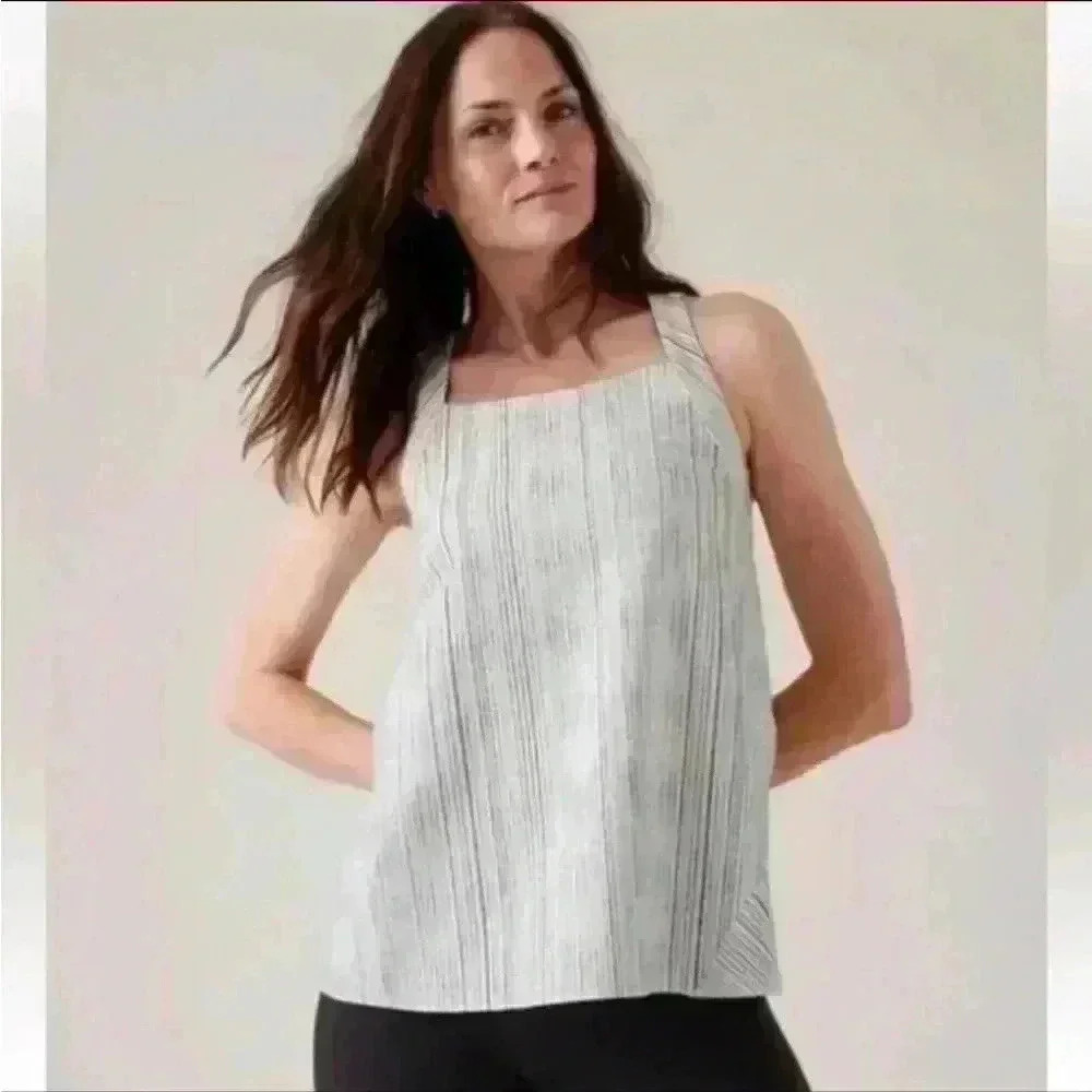 Athleta Arrival Tank Top Amara Stripe Square Neck Cross Back Gray White Medium